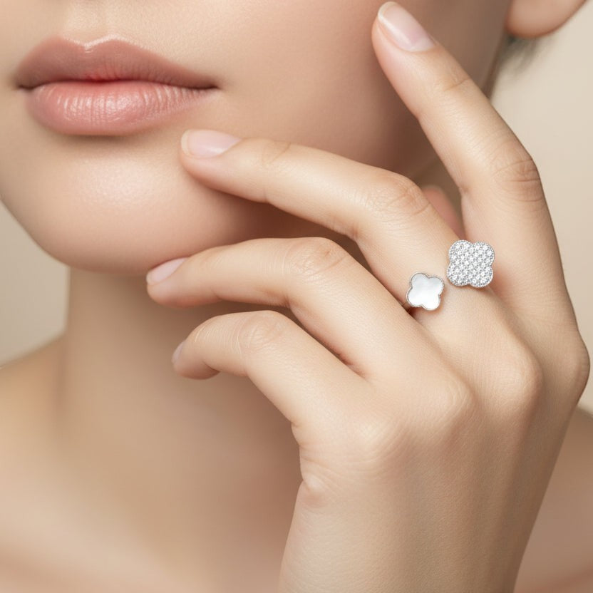 SVORA Toi et Moi Fortune Clover Ring with pavé clear stones and mother-of-pearl on a silver band.