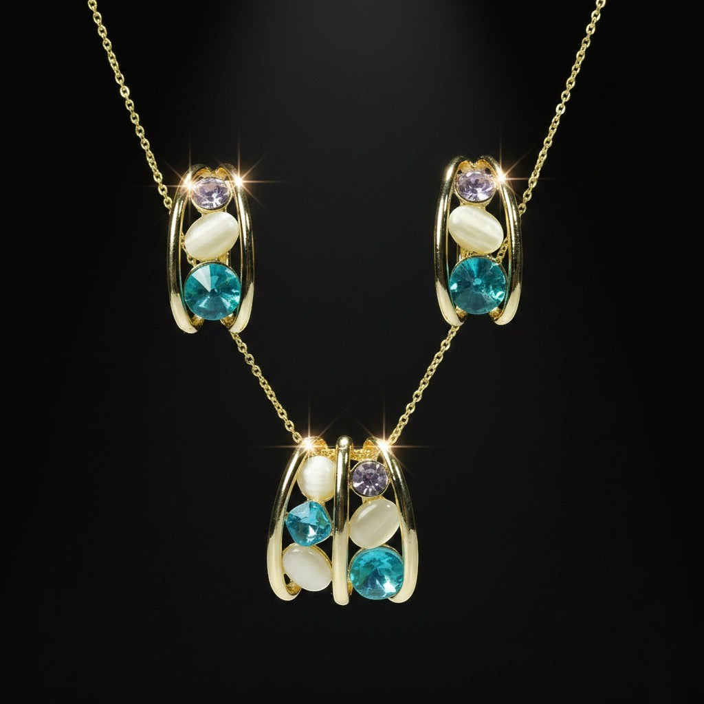 SVORA gold-tone necklace and earrings set with blue, lavender, and cream stones in a caged design.