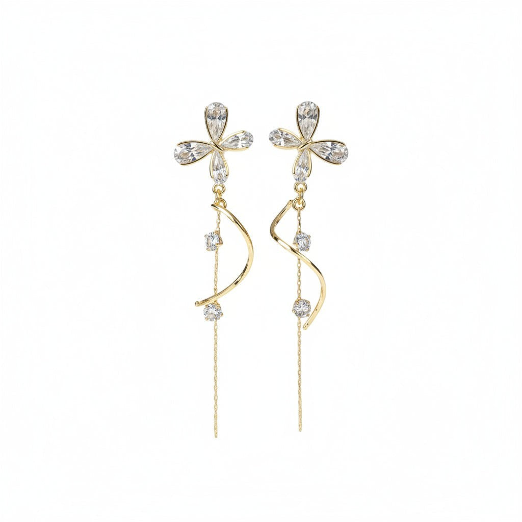 SVORA gold tone stainless steel dangle earrings with cubic zirconia butterfly tops and dual chains.