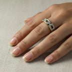 SVORA gold chain link ring with clear stones on a hand. Waterproof, anti-tarnish, hypoallergenic.