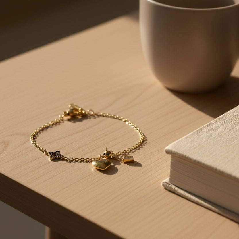 SVORA gold chain bracelet with heart, clover, and rectangle charms. 18K gold plated, adjustable.