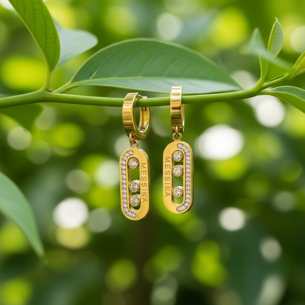 SVORA gold tone stainless steel dangler earrings with cubic zirconia stones and pavé bar detail.