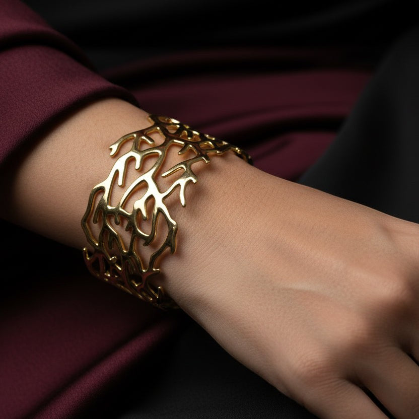 SVORA gold plated 18K stainless steel coral branch cuff bracelet, openwork design, adjustable size.