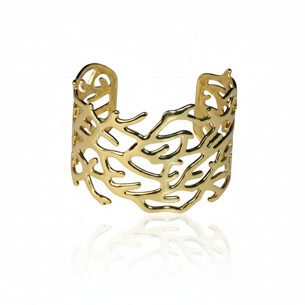 SVORA gold plated 18K stainless steel coral branch cuff bracelet, openwork design, adjustable.
