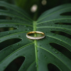 SVORA gold eternity ring with full circle pavé diamonds on a wet green leaf.