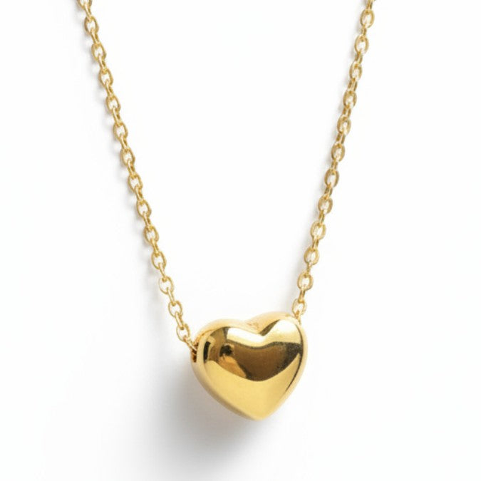 SVORA gold puffy heart pendant necklace made of stainless steel with 18k gold plating.