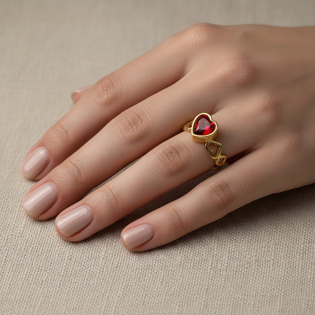 SVORA gold-plated stainless steel ring with a red heart-shaped cubic zirconia and heart cutouts.