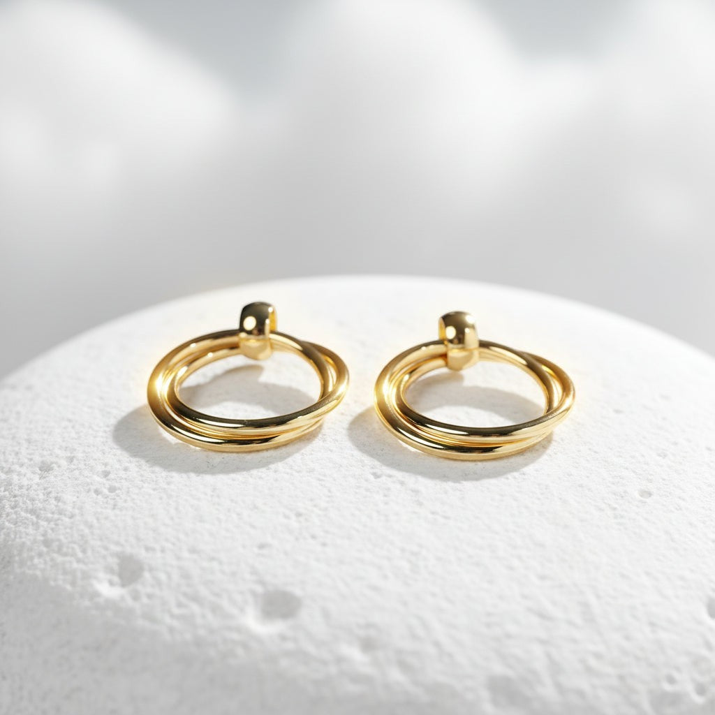 SVORA Duo Round Gold Hoop Earrings, polished stainless steel with 18K gold tone plating.