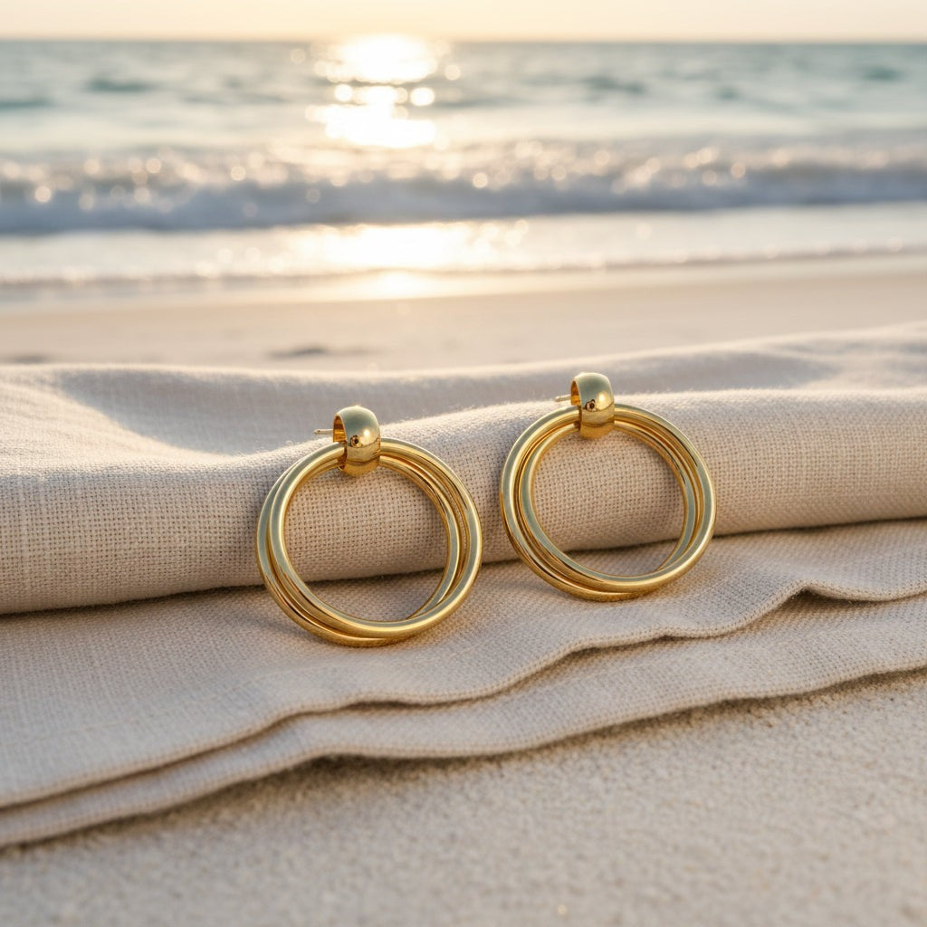 SVORA Duo Round Gold Hoop Earrings, polished stainless steel with 18K gold tone plating.