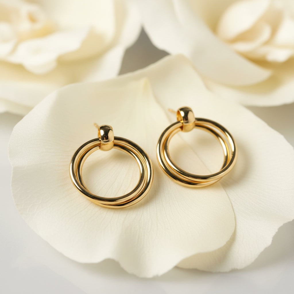 SVORA Duo Round Gold Hoop Earrings, polished stainless steel with 18K gold tone plating.