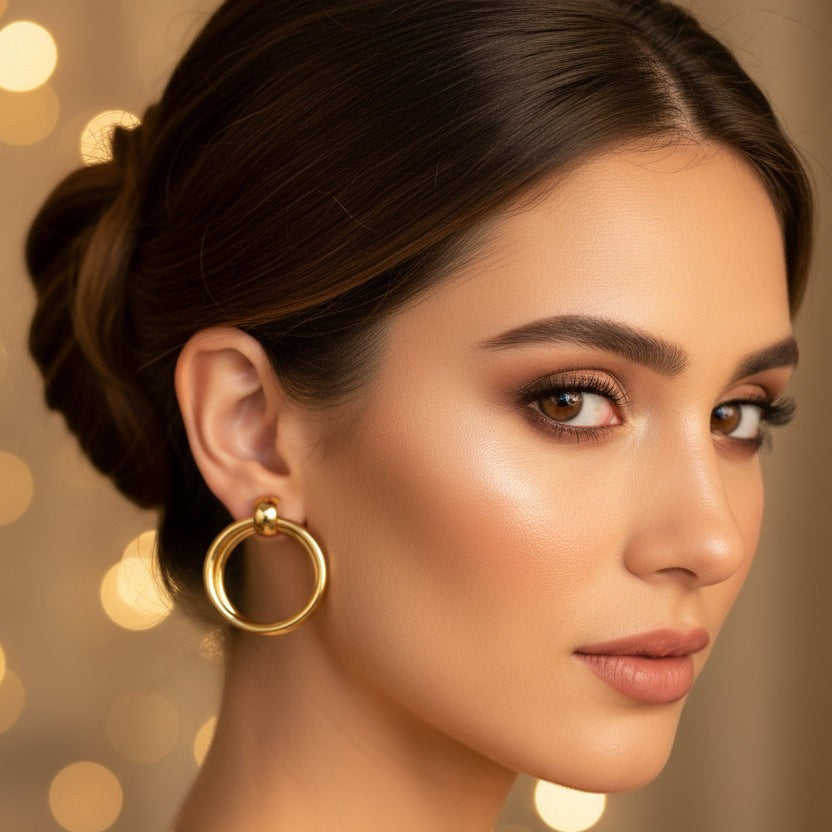 SVORA Duo Round Gold Hoop Earrings, polished stainless steel with 18K gold tone plating.