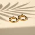 SVORA Duo Round Gold Hoop Earrings, polished stainless steel with 18K gold tone plating.