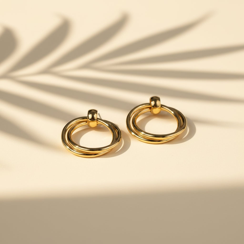 SVORA Duo Round Gold Hoop Earrings, polished stainless steel with 18K gold tone plating.