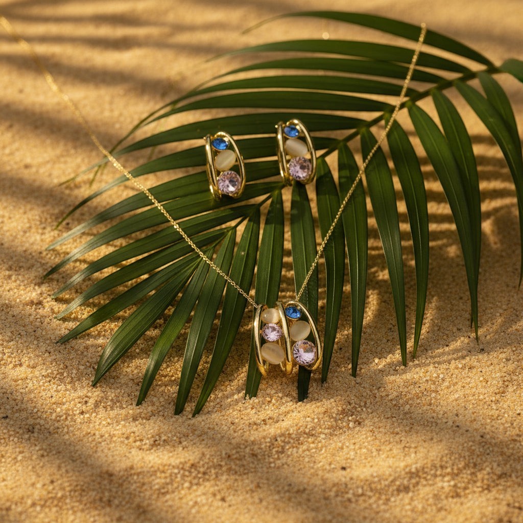 SVORA gold tone necklace and earrings set with pink crystals and blue accents, on a palm leaf over sand.