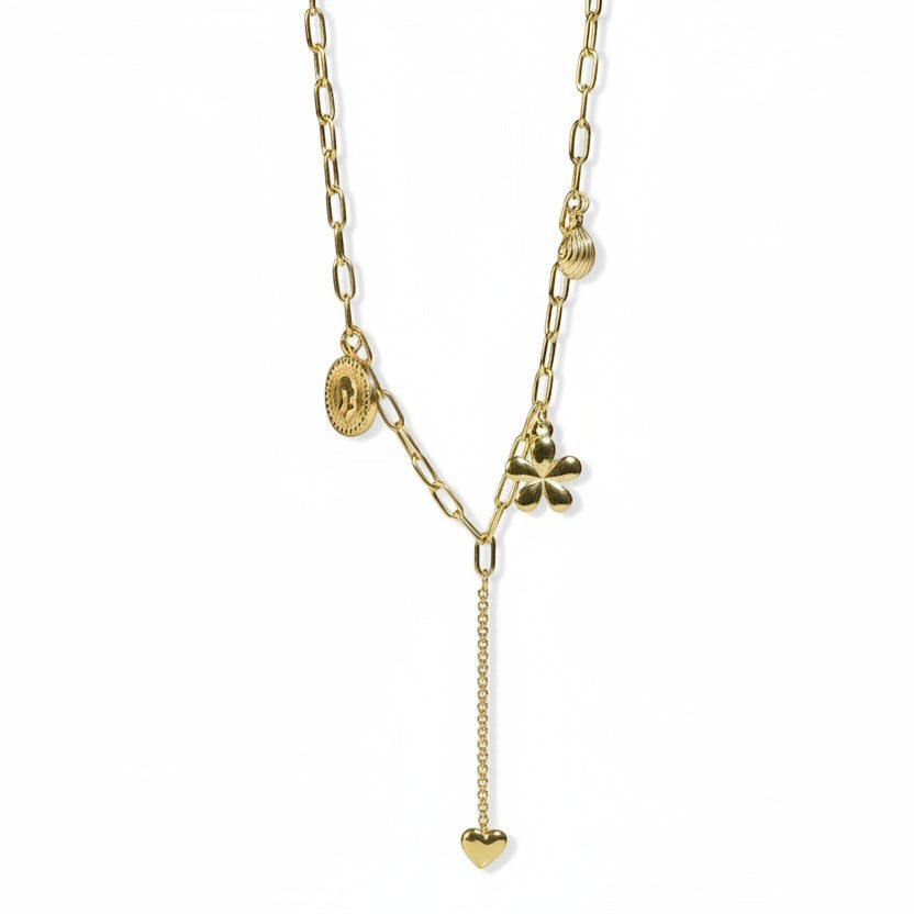 SVORA gold-tone stainless steel paperclip chain necklace with daisy, shell, coin, and heart charms.