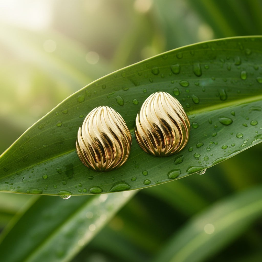SVORA sculpted shell-dome gold stud earrings with ribbed surface detail, polished gold-tone.