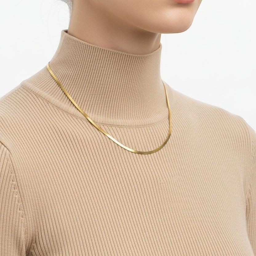 SVORA gold snake chain necklace, 18K gold plated stainless steel, smooth and flexible.
