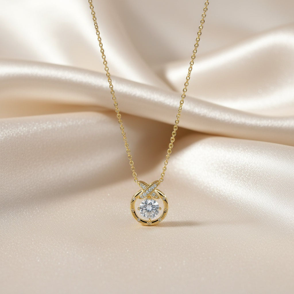 SVORA gold plated stainless steel pendant necklace with solitaire CZ and pavé butterfly detail.