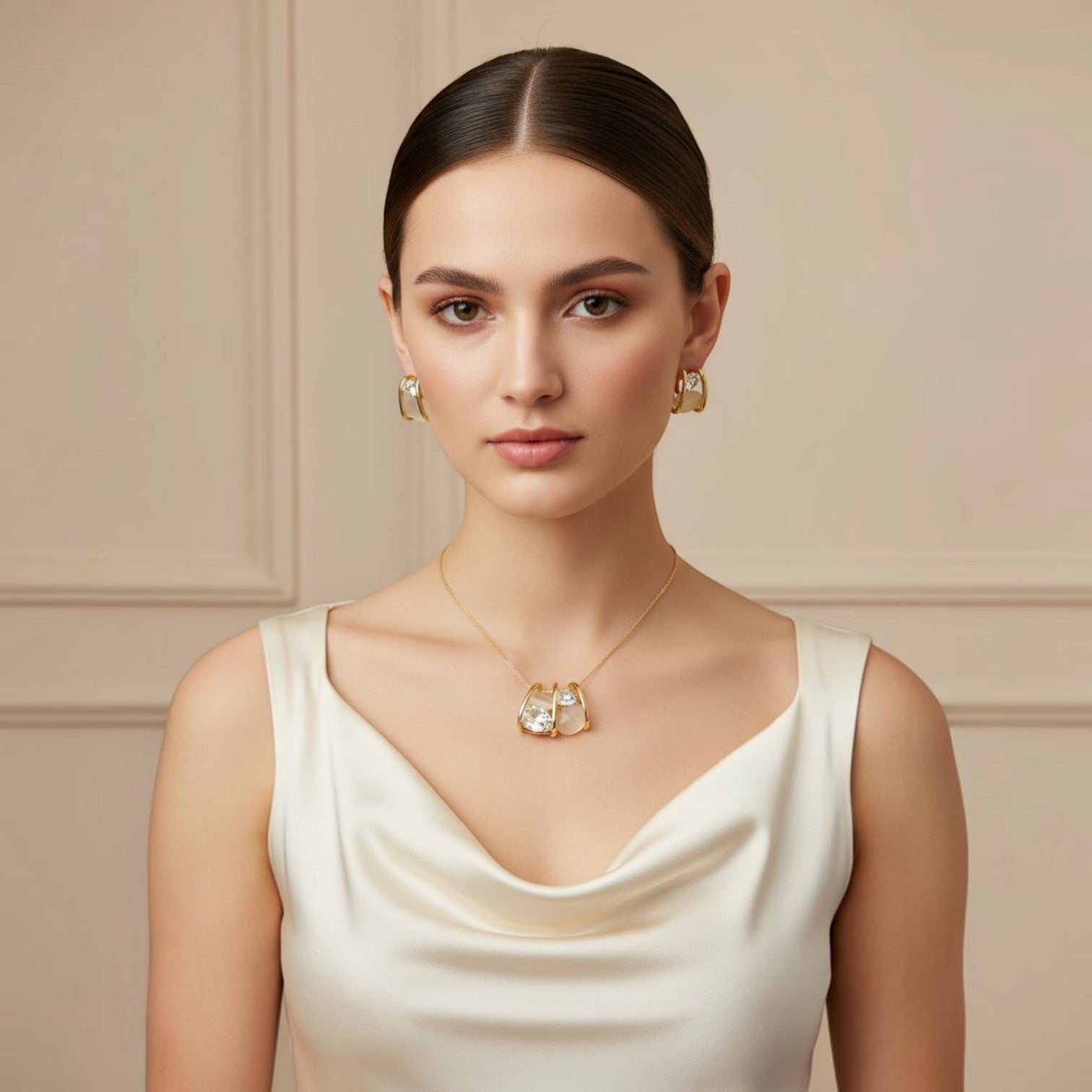 SVORA gold tone stainless steel necklace and earrings set with cubic zirconia and cream cabochon stones.