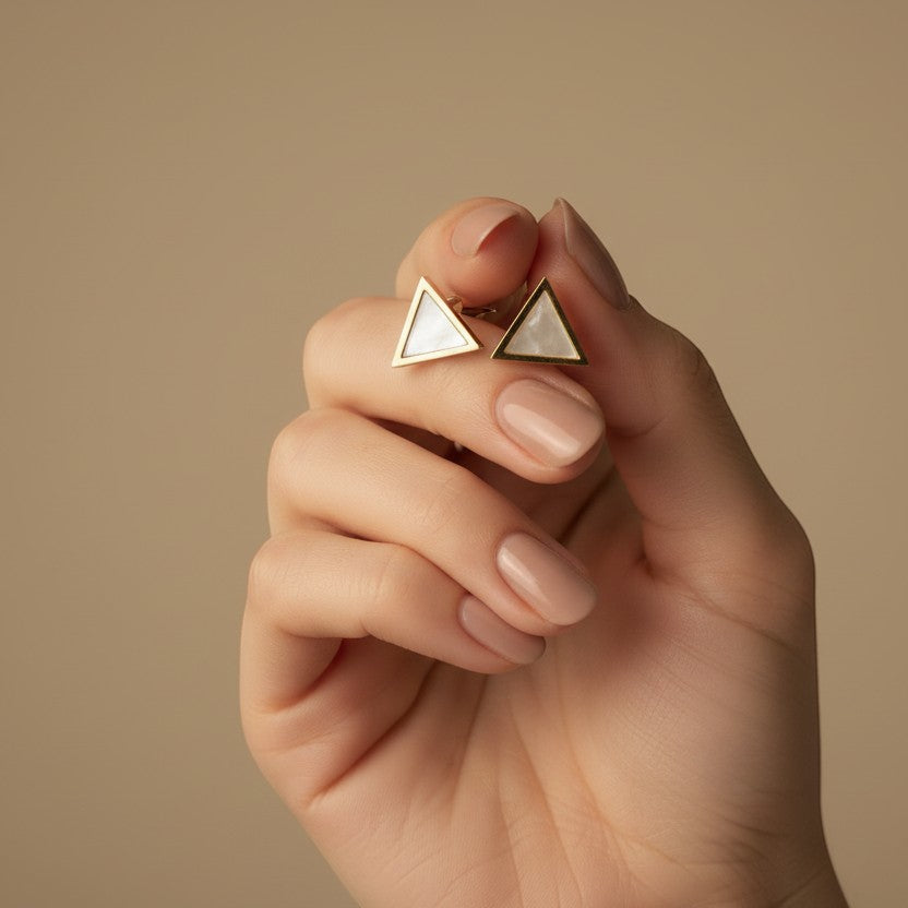 SVORA gold triangle stud earrings with white pearl inlay, set of 3