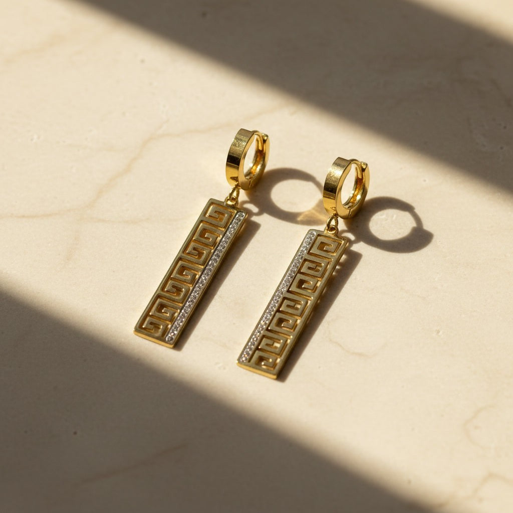 SVORA gold-tone stainless steel drop earrings with Greek key cut-out and pavé cubic zirconia detail