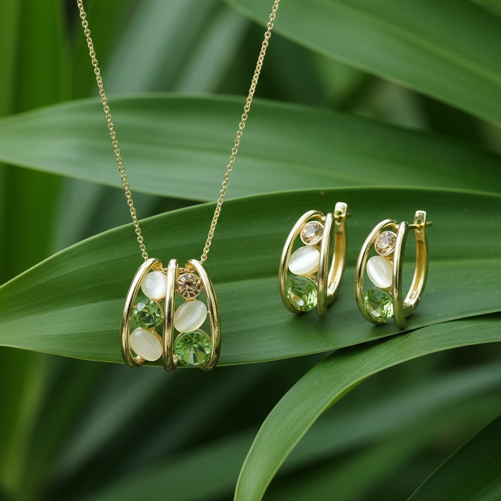 SVORA gold tone necklace and earrings set with green crystals and cream cabochons in a cage design.