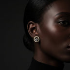 SVORA Halo Solitaire Stud Earrings with round cubic zirconia center and pavé halo, 18K gold tone.