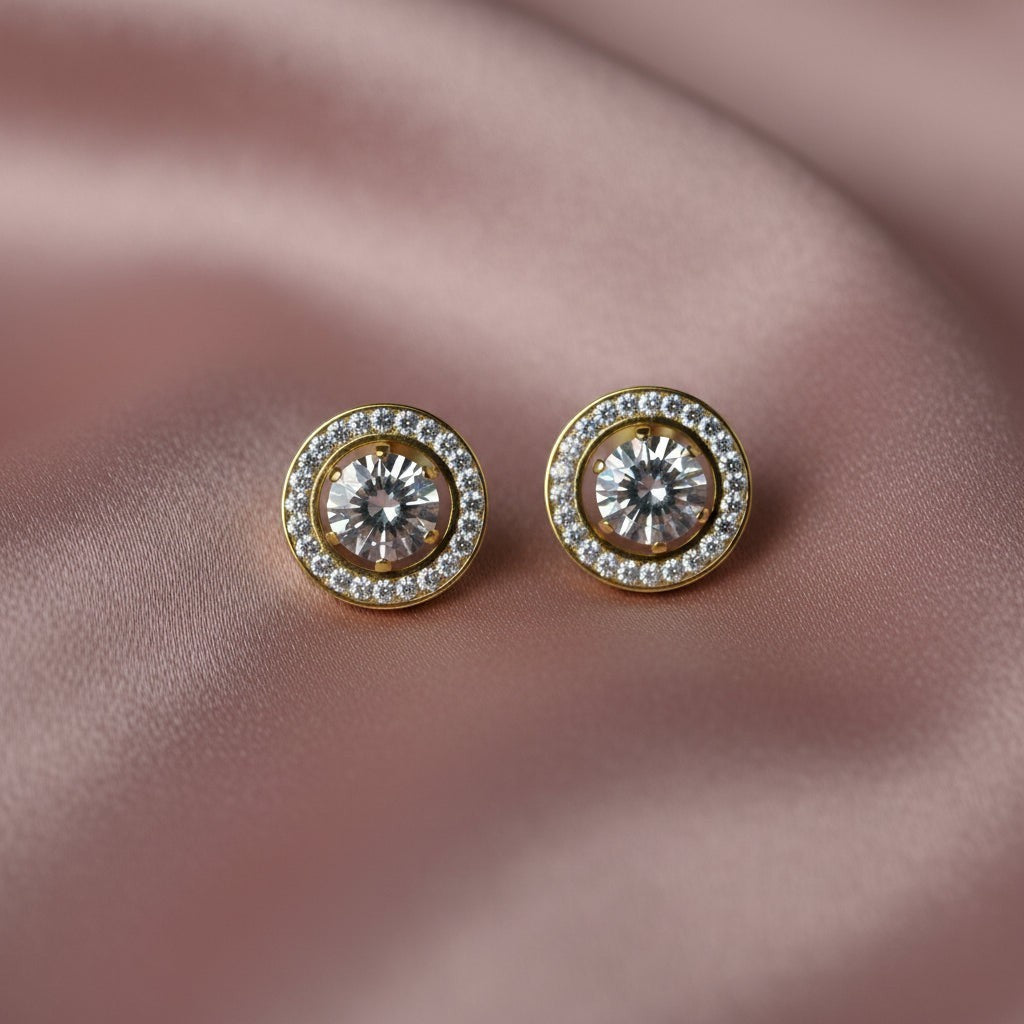 SVORA Halo Solitaire Stud Earrings with round cubic zirconia center and pavé halo, 18K gold tone.