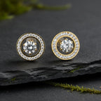 SVORA Halo Solitaire Stud Earrings with round cubic zirconia center and pavé halo, 18K gold tone.