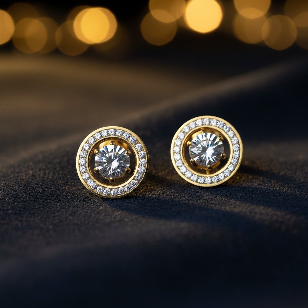SVORA Halo Solitaire Stud Earrings with round cubic zirconia center framed by pavé halo, 18K gold tone.