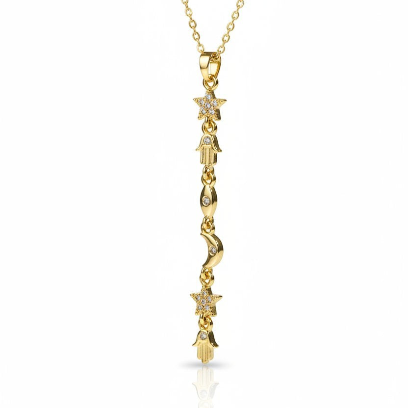 SVORA gold plated stainless steel Hamsa talisman charm necklace with stars, moons, and eyes. Waterproof.