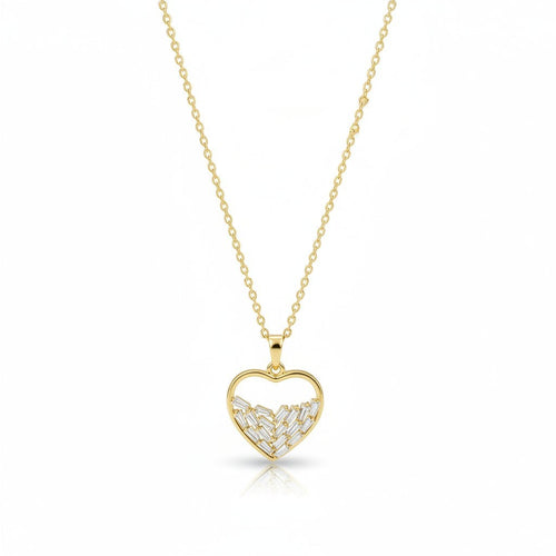 SVORA gold plated stainless steel necklace with a heart pendant featuring baguette-cut cubic zirconia.
