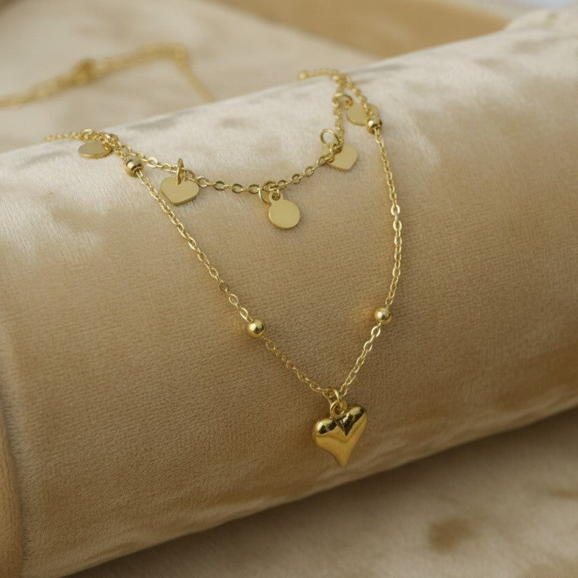 SVORA gold stainless steel layered necklace with heart and disc charms, tarnish-resistant