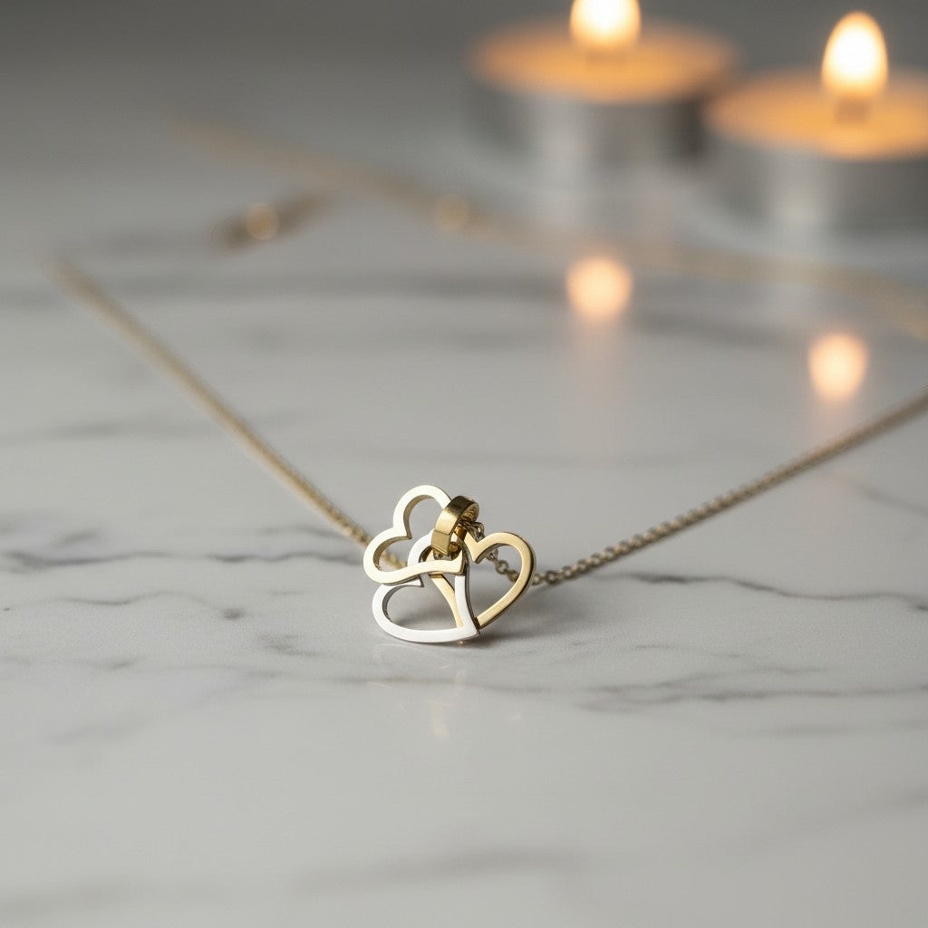 SVORA interlocking triple heart necklace in gold, crafted from stainless steel with 18k gold plating.