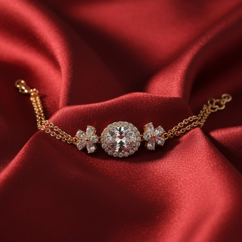 SVORA layered rose gold bracelet with large oval white CZ center, halo, and marquise-petal flowers.