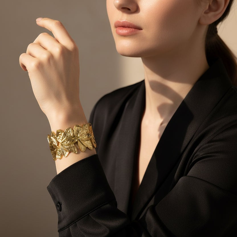 SVORA gold lotus open cuff bracelet, 18K gold plated stainless steel, adjustable, waterproof, anti-tarnish.