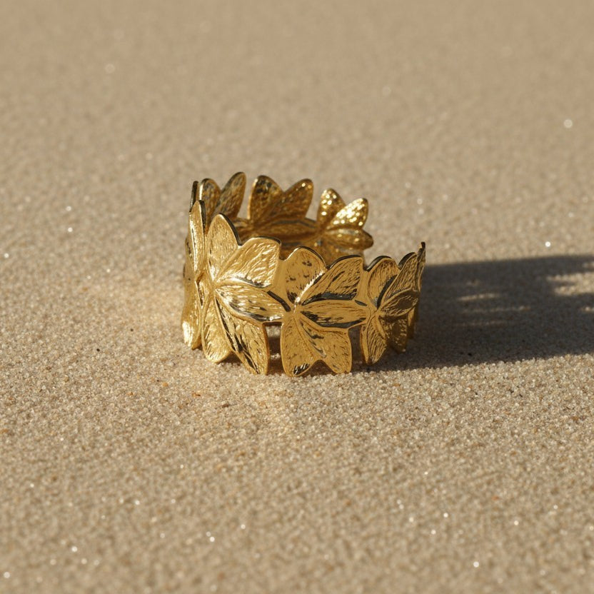 SVORA gold plated stainless steel Lotus Open Cuff Bracelet with textured petals, adjustable size.