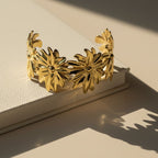 SVORA Marigold Bloom Cuff Bracelet, 18K gold plated stainless steel, adjustable, statement floral design