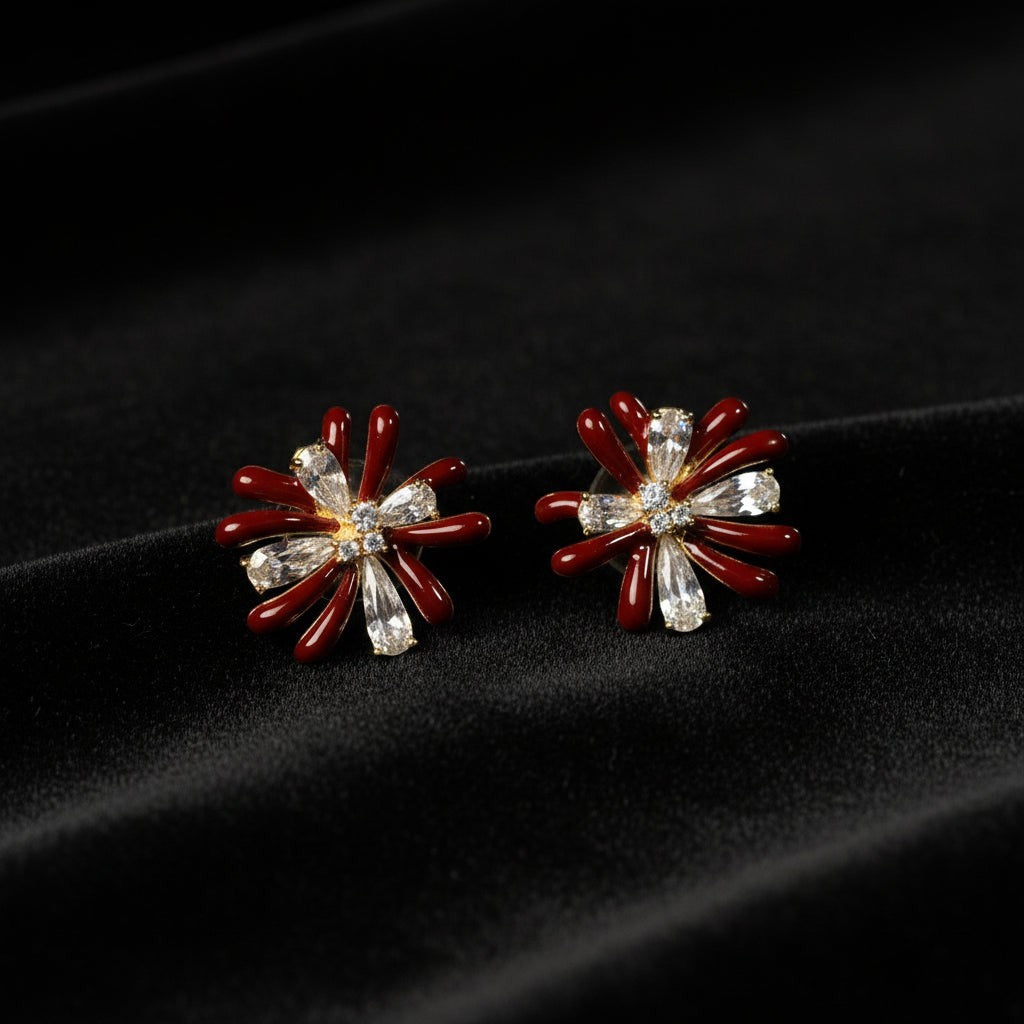 SVORA dark maroon enamel and clear crystal flower stud earrings with gold tone.