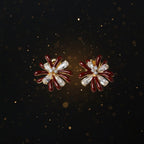 SVORA Marron Flower Crystal Stud Earrings with dark maroon enamel and clear baguette crystal petals, 18K gold tone.