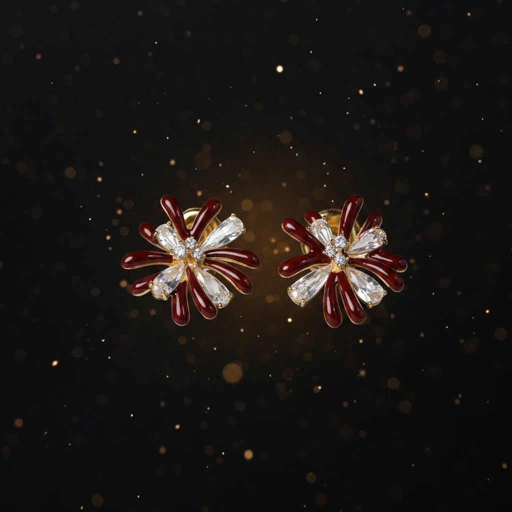SVORA Marron Flower Crystal Stud Earrings with dark maroon enamel and clear baguette crystal petals, 18K gold tone.