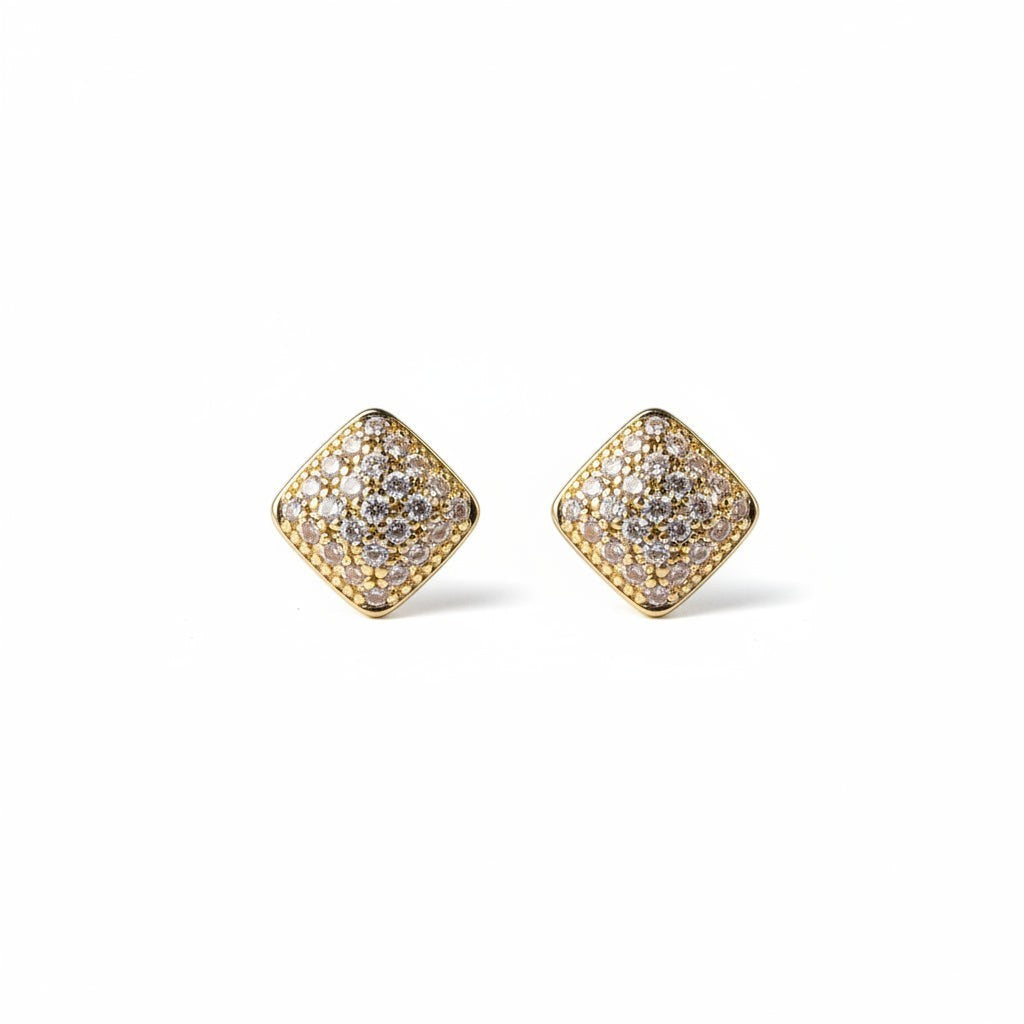 SVORA mini gold tone square stud earrings with pavé cubic zirconia and milgrain border.