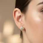 SVORA mini gold tone square stud earrings with pavé cubic zirconia and milgrain border.