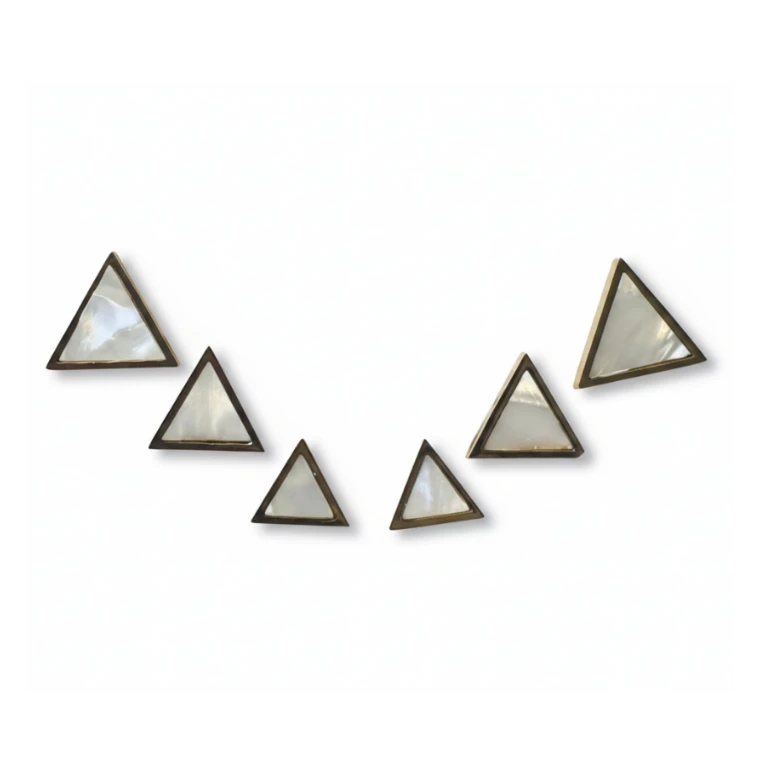 SVORA Set of 3 minimalist triangle stud earrings with iridescent pearl inlay and gold-tone finish.