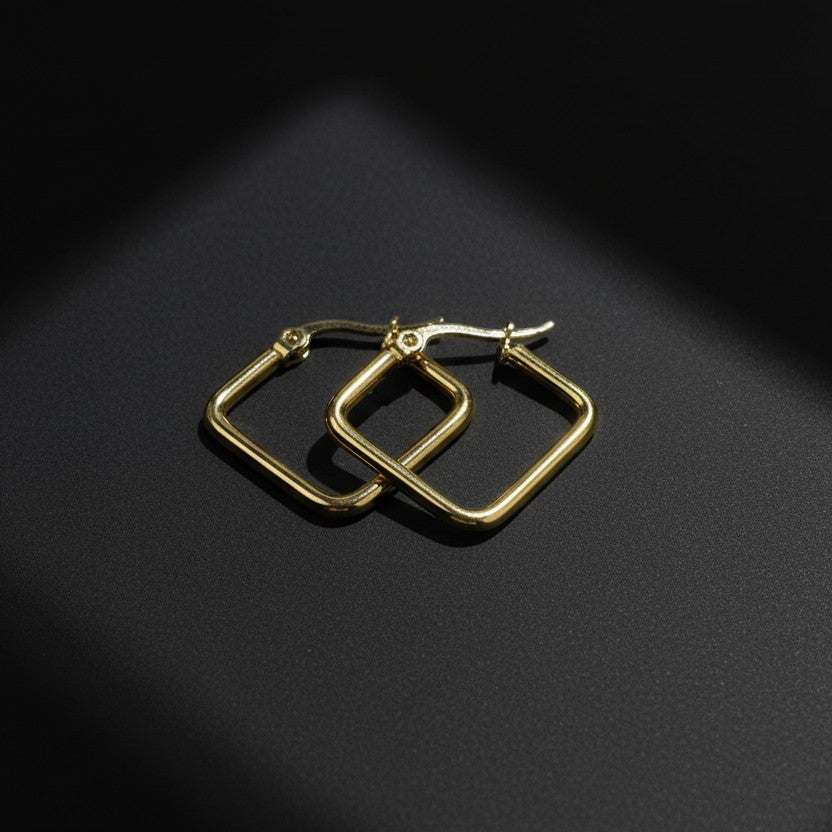 SVORA gold-plated stainless steel minimal square hoop earrings with a high-polish finish.