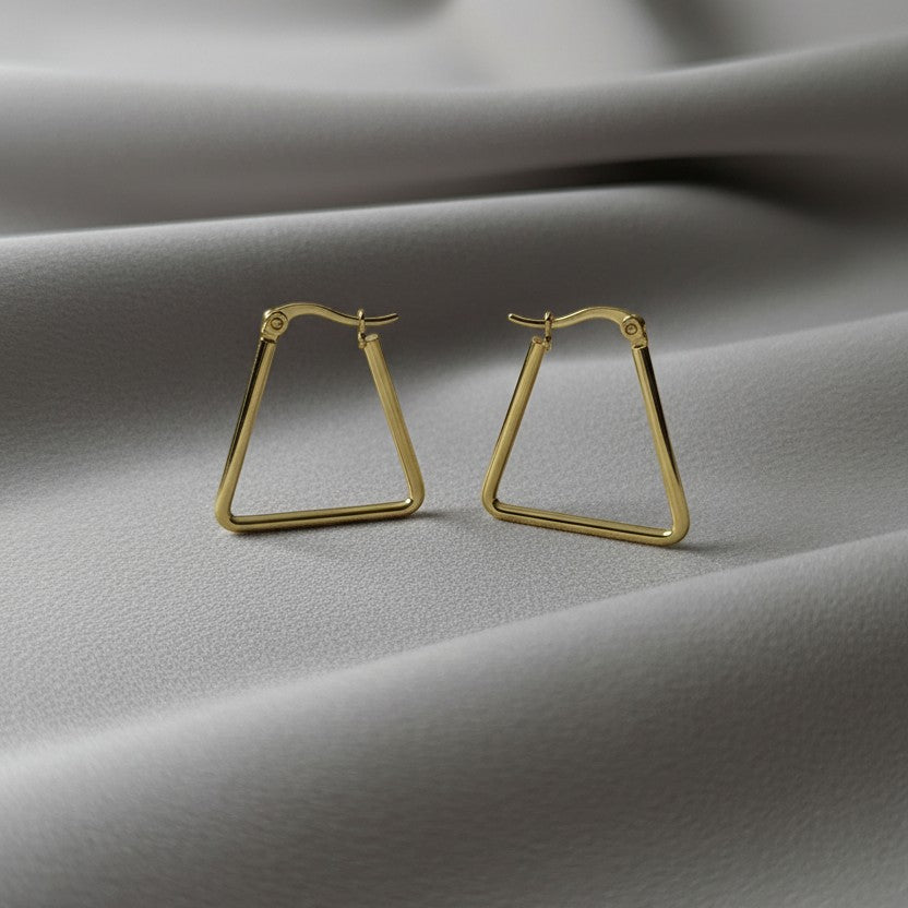 SVORA gold stainless steel minimal triangle hoop earrings with a high polish finish.