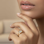 SVORA gold plated stainless steel Mosaic Lumiere Square Ring with a clear square-cut stone and open square links.