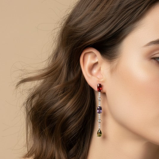 SVORA multicolor gemstone drop earrings with ruby, amethyst, and emerald stones and pave crystal accents.