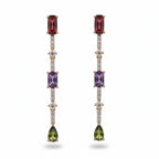SVORA multicolor gemstone drop earrings with ruby, amethyst, and peridot stones, accented with pavé crystals.