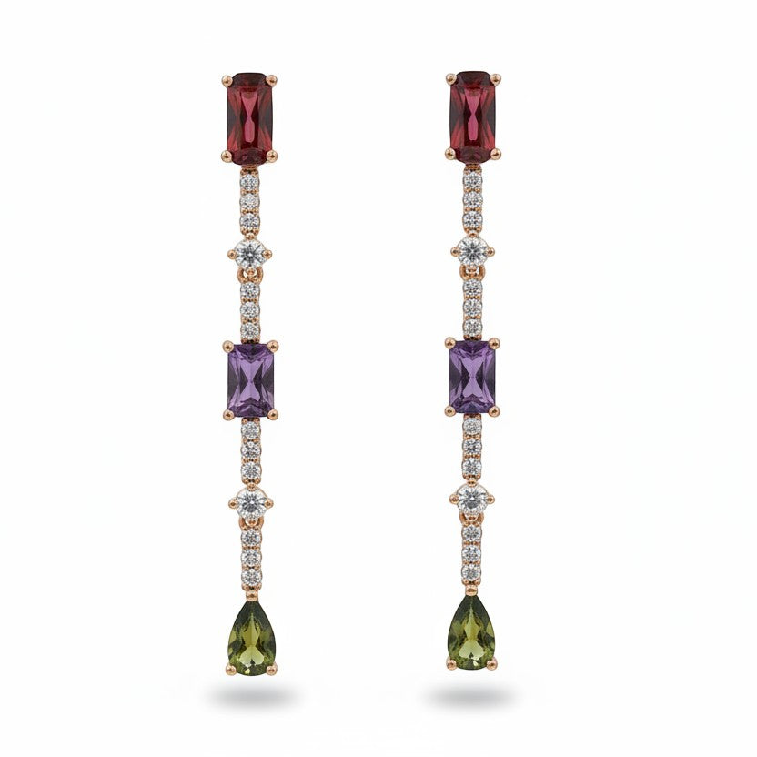 SVORA multicolor gemstone drop earrings with ruby, amethyst, and peridot stones, accented with pavé crystals.